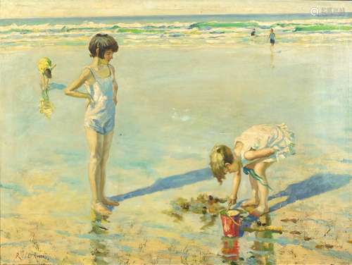 Children playing on a beach Italian school oil on board, bearing a signature R Le Rossett, 59cm x