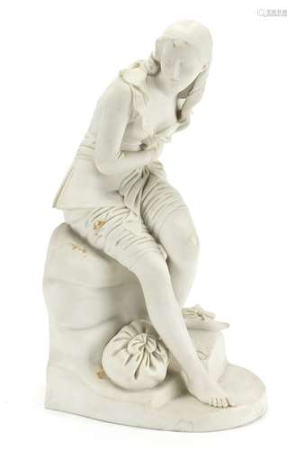 Victorian parian figure of a lady seated on a rock after John Bell, 33cm high : For Further