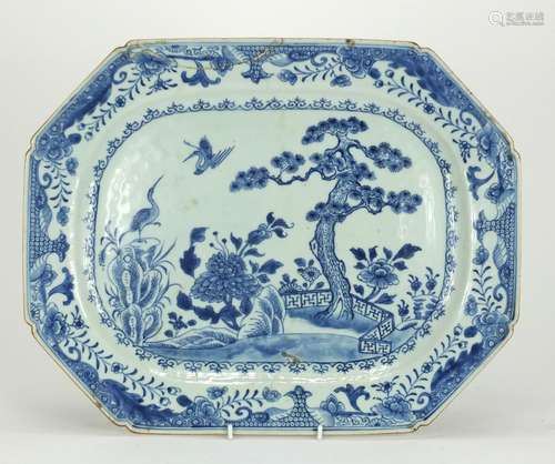 Chinese blue and white porcelain meat platter, hand painted with two cranes in a landscape, 42.5cm