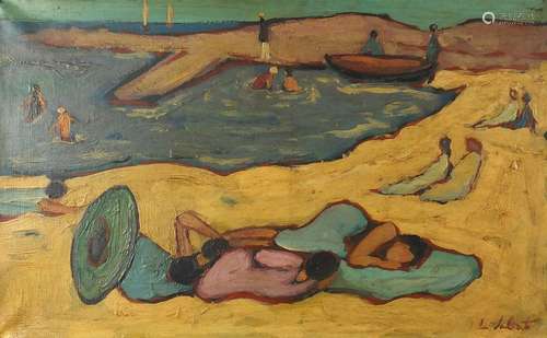 Continental beach scene, post impressionist oil on canvas, bearing an indistinct signature