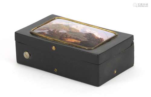 Rectangular Swiss music box, the hinged lid inset with an enamelled panel hand painted with a