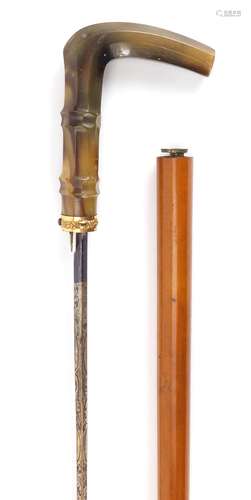 19th century horn handled Malacca riding crop sword stick, with steel steel blade and gilt metal