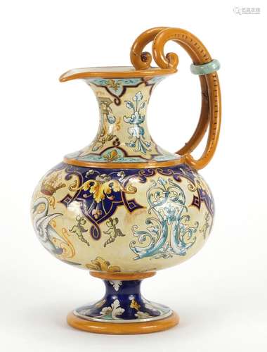 Italian Majolica ewer hand painted with a swan, fish and stylised foliage, inscribed Blois E Balon