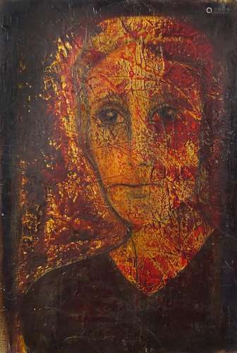 Head and shoulders portrait of a female, oil on newspaper laid on board, bearing an inscription