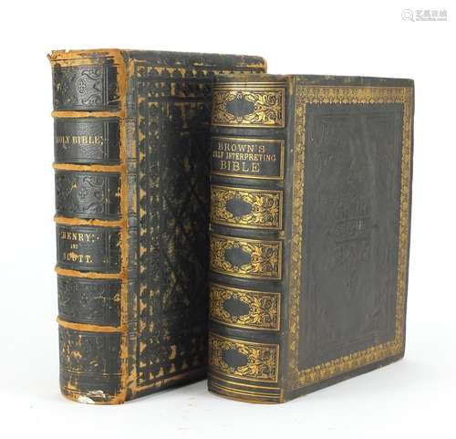 Two antique leather bound bibles, comprising Brown's Self Interpreting Bible with coloured plates,