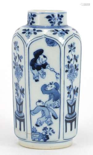 Chinese porcelain hexagonal vase, hand painted with panels of figures and flowers, 16cm high : For