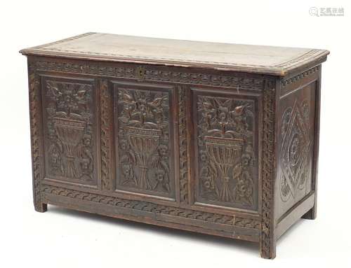 Antique oak three panel coffer carved with vase and flowers, 68cm H x 115cm W x 52cm D : For Further