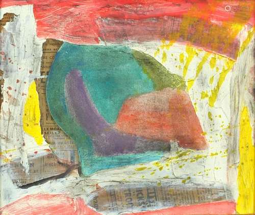 Abstract composition, mixed media and collage, bearing an inscription verso, framed, 27cm x 23cm :