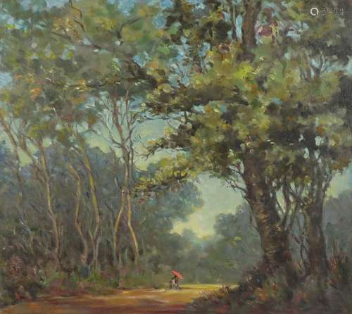 Figures resting in woodland, impressionist oil on board, framed, 67.5cm x 59.5cm : For Further