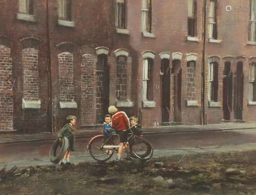 Marc Grimshaw - Children playing in the street, pastel, mounted and framed, 48cm x 36.5cm : For