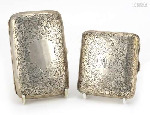 Rectangular silver cigar case and cigarette case, both with engraved decoration, Birmingham