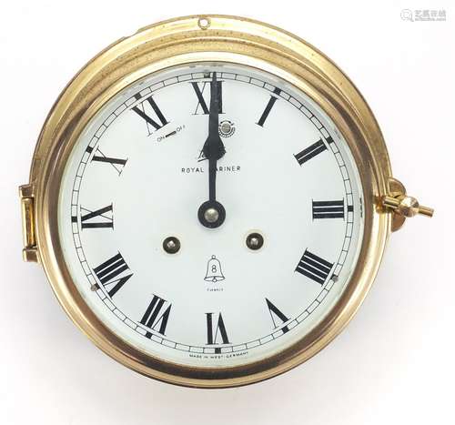 Schatz Royal Mariner brass ships bulk head clock, with eight day movement, 17cm in diameter : For