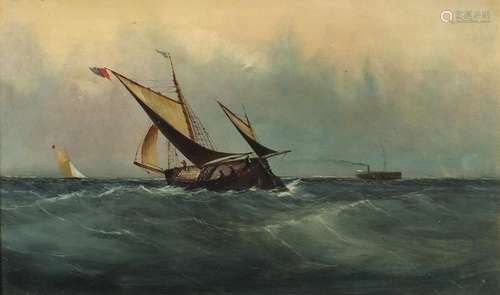 Attributed to Frederick William Meyer - Boats on choppy seas, maritime interest oil on board,