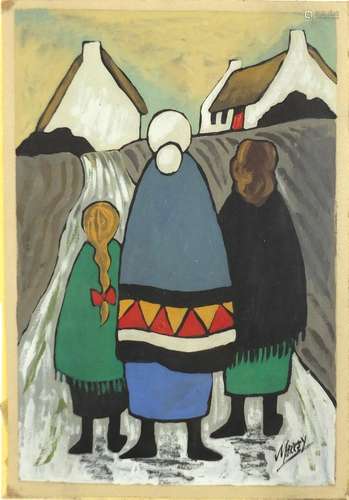 Figures before buildings, Irish school gouache on paper, bearing a signature Markey, mounted and