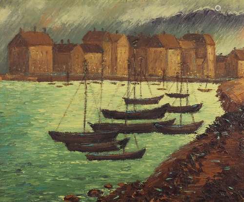 Boats in a harbour before buildings, Italian school oil on canvas, mounted and framed, 58cm x 48cm :