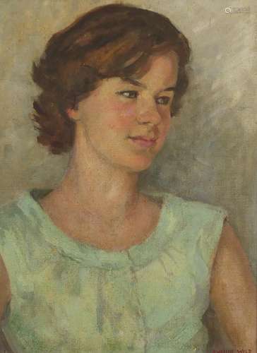 Winifred Eveline Wild - Portrait of a girl in a green dress, signed oil on canvas board, mounted and