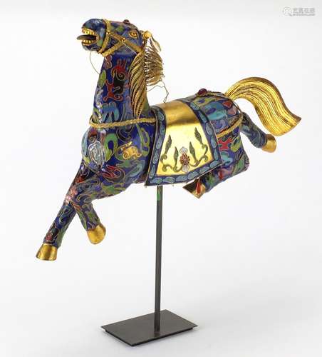 Large Chinese gilt metal and enamel model of a leaping horse, raised on a later stand, overall