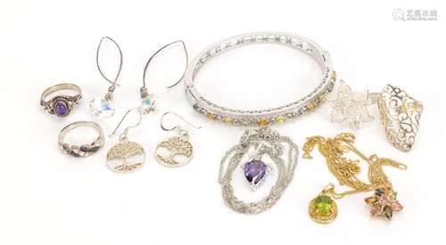 Silver semi precious stone jewellery comprising a bangle, four rings, three pendants and two pairs