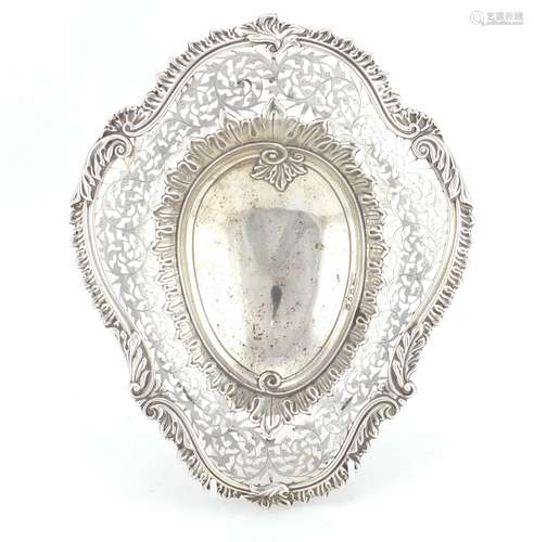 Victorian silver cartouche shaped bowl, embossed and pierced with leaves, indistinct makers mark