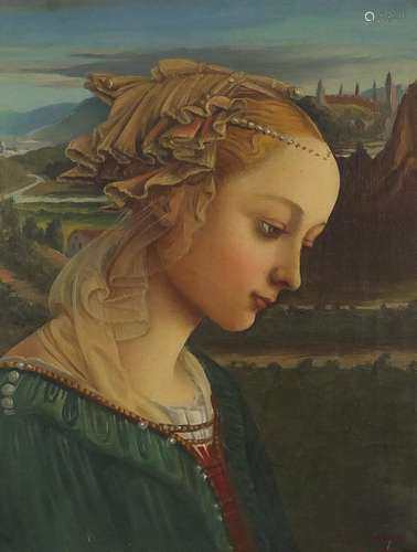 Portrait of a young female before a landscape, oil on canvas, bearing a signature and inscription