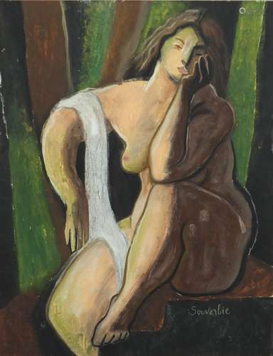 Surreal nude female, gouache, bearing a signature Souverbie, mounted and framed, 43cm x 34cm : For