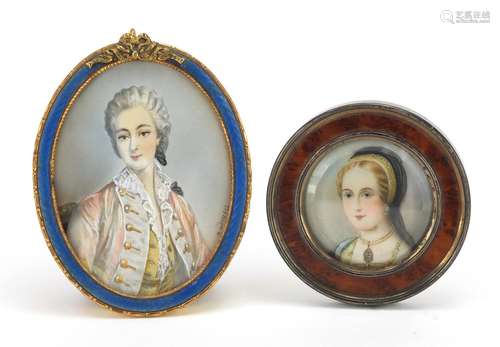 Two portrait miniatures of young females including one housed in a blue guilloche enamelled easel