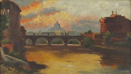 St Pauls Cathedral London at sunset, early 20th century oil on board, framed, 16cm x 9cm : For