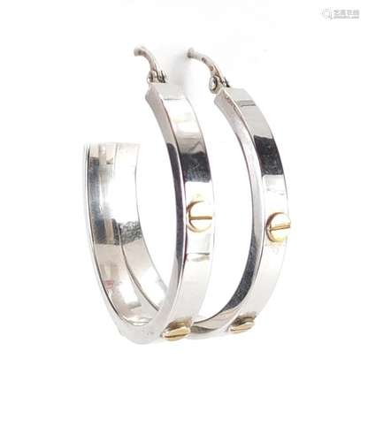 Pair of Cartier style 9ct white gold hoop earrings, 3.7cm in diameter, approximate weight 5.2g : For