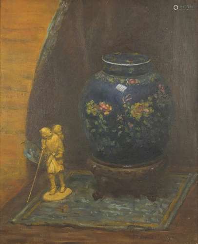 Jean Ballantyne - Still life, Chinese vase on stand and okimono, signed oil on canvas, framed,