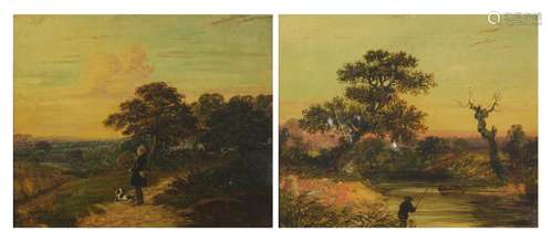 Pastoral scenes with a man with a huntsman and hound, pair of 19th century oil on canvases,