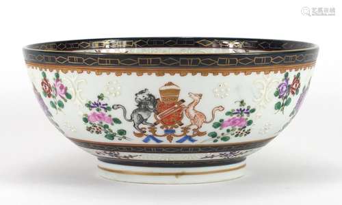 19th century Samson porcelain bowl, hand painted with an armorial crest and flowers, 22cm in