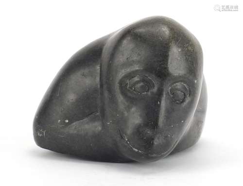 Large Inuit stone carving of a young seal, incised BTAKA to the base, 13cm H x 15cm W x 17cm D : For