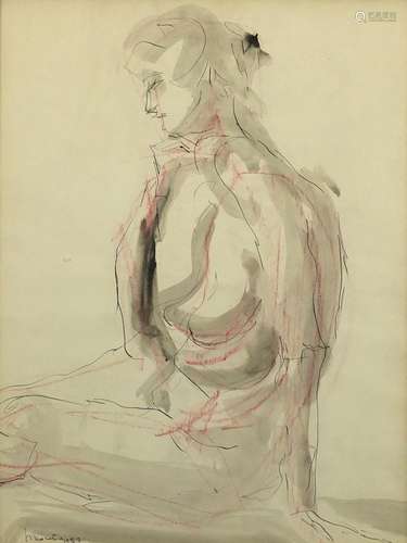 Portrait of a seated nude female, mixed media, bearing an indistinct signature and Johannesburg