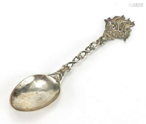 Victorian silver spoon with sailing ship handle by Martin Sugar, London 1892, 20.5cm in length,