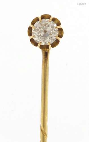 Unmarked gold diamond solitaire tie pin, 7cm in length, approximate weight 2.5g : For Further