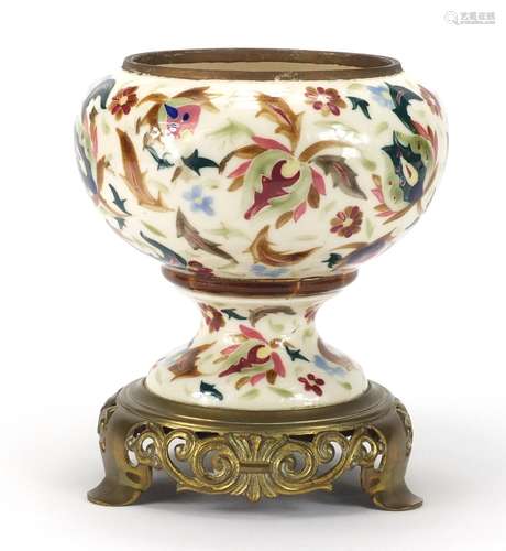 Hungarian oil lamp base by Zsolnay Pecs, the base hand painted with stylised flowers raised on a