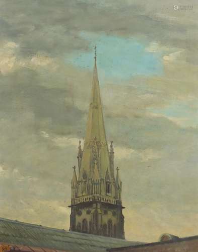 Edward John Kohler - Spire of St Mary Abbot's Church, W8, signed oil on board, At Guildhall Art