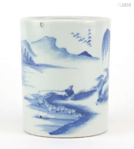 Chinese blue and white porcelain cylindrical brush pot, hand painted with a fisherman in a