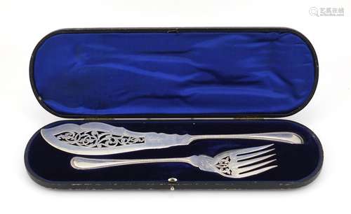 Pair of silver fish servers, by Atkin Brothers Sheffield 1911, housed in a fitted tooled leather