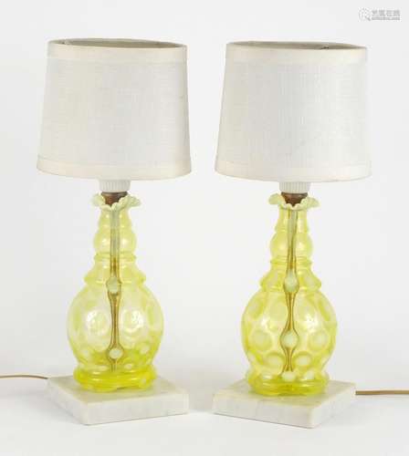 Pair of Fenton Vaseline glass lamp bases with shades, each 34cm high : For Further Condition Reports