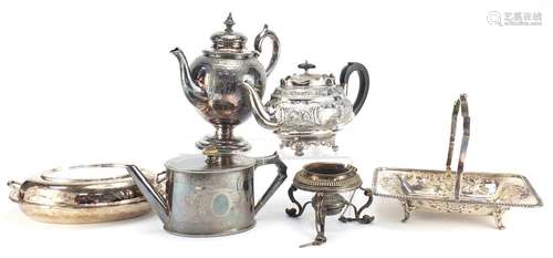 Silver plate comprising three teapots, a basket with swing handle and entrée dish with cover : For