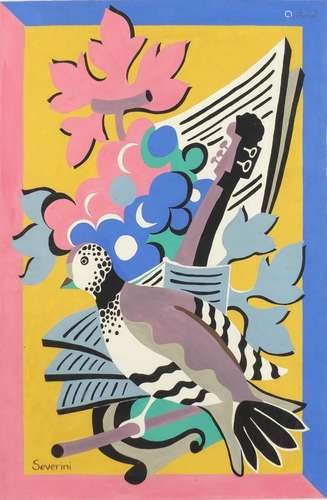 Abstract composition, bird and still life, Italian school gouache, bearing a signature Severini,