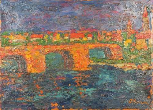 Bridge over water, continental school impasto oil on canvas, bearing an indistinct signature O