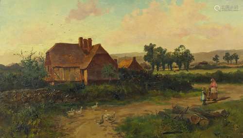 Will Anderson - Mother and children with geese before cottages, 19th century oil on canvas,