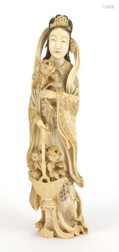 Good Japanese carved ivory Okimono of a Geisha holding a basket and flowers, character marks to