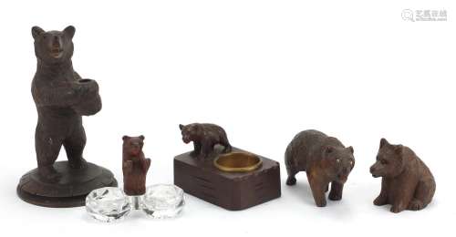 Five carved Black Fores bears including an ashtray and salt, the largest 13.5cm high : For Further
