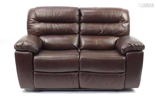 Brown leather electric reclining two seater settee, 155cm wide : For Further Condition Reports and