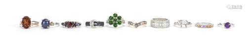 Ten silver semi precious stone rings one set with diamonds, various sizes, approximate weight 34.