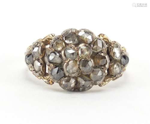 Georgian unmarked gold diamond cluster ring with floral engraved shoulders, size M, approximate