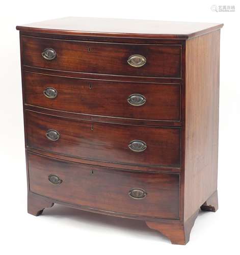 Georgian mahogany bow front four drawer chest with bracket feet, 99cm H x 91cm W x 55cm D : For